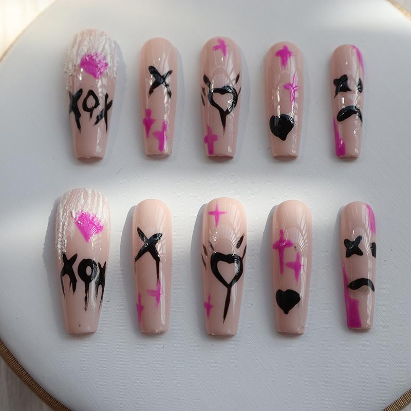 Designer: XinXin 61.Pink painting long T handmade nails Press on Nails DIY Nail