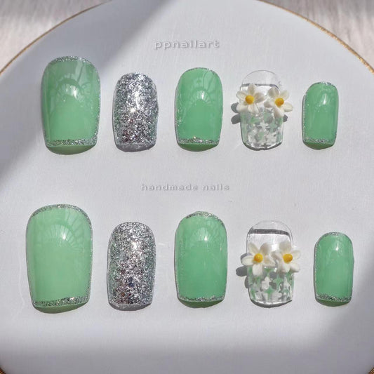 9. Light Green 3D flowers long handmade nails