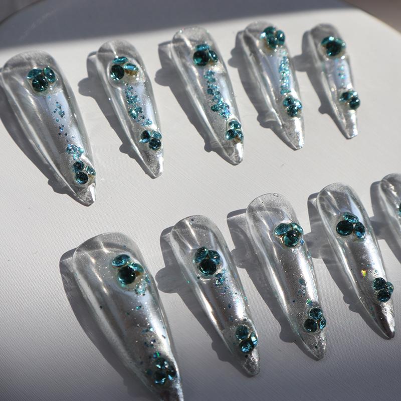 Designer: XinXin 68.Silver rhinestones almond handmade nails Press on Nails DIY Nail