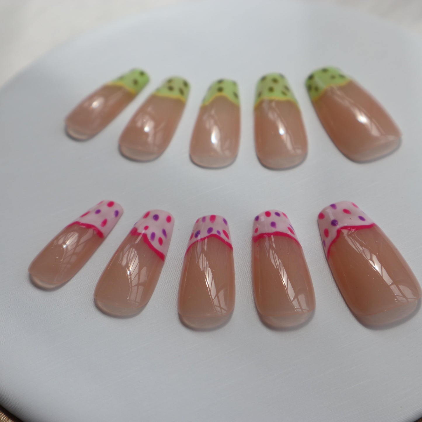 Designer: XinXin 46.Painting pink pitaya long T handmade nails Press on Nails DIY Nail