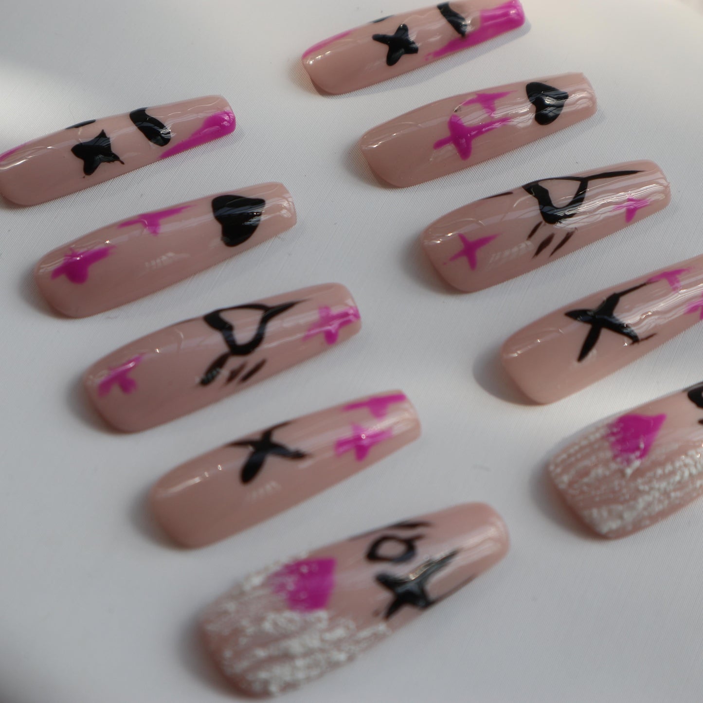 Designer: XinXin 61.Pink painting long T handmade nails Press on Nails DIY Nail