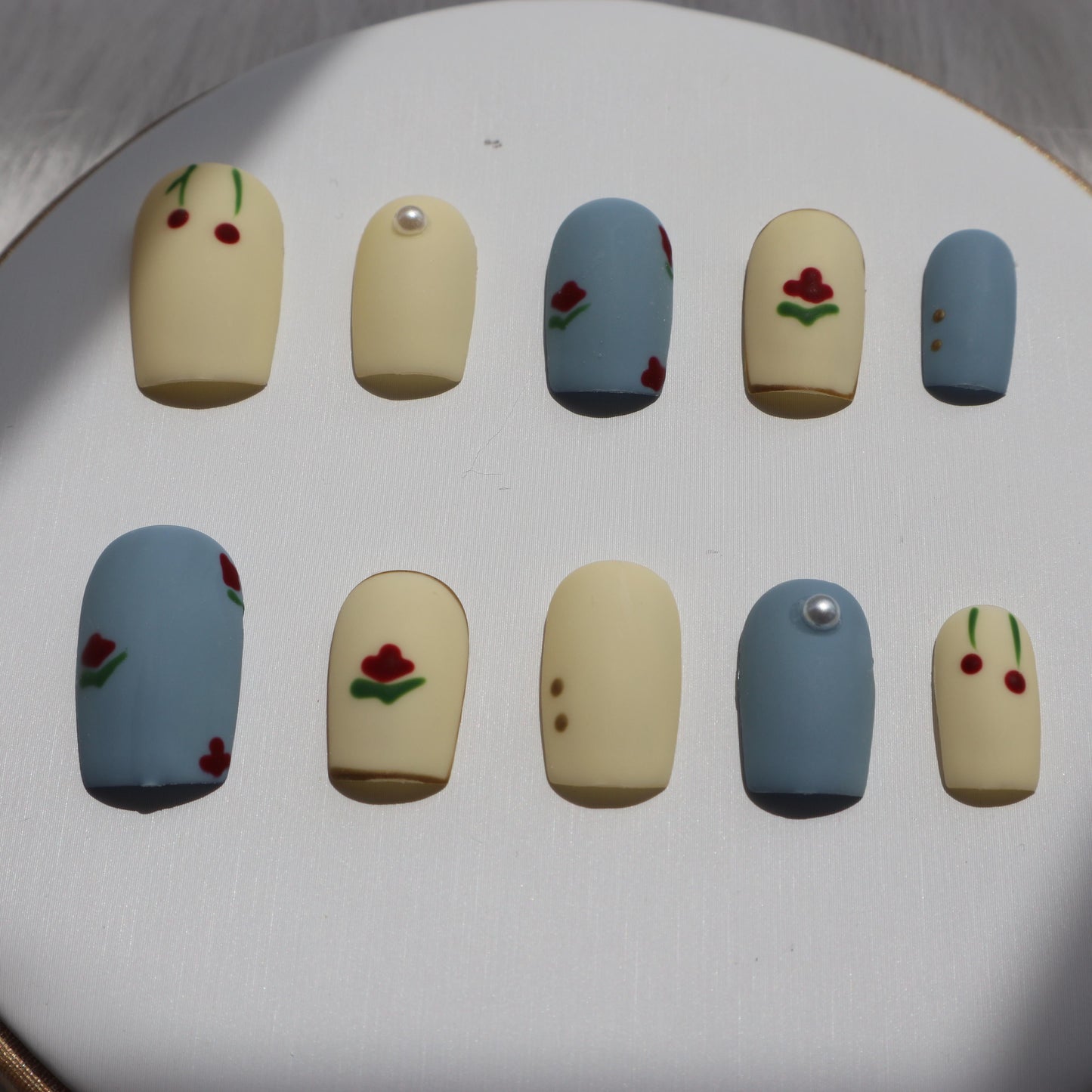 Designer: XinXin 13. Retro matt blue milky white  handmade nails Press on Nails DIY Nail Art