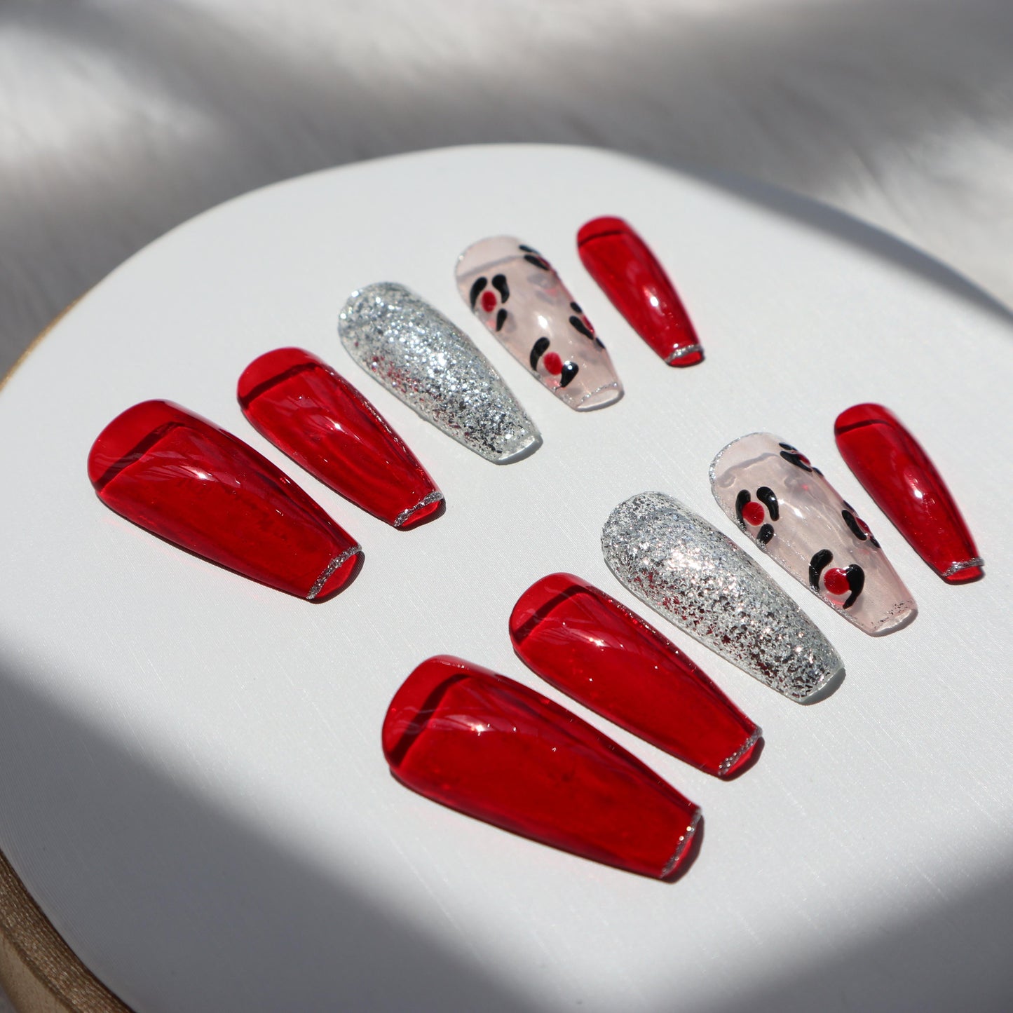 Designer: XinXin 1. Red flower Handmade transparent long T handmade nails Press on Nails DIY Nail Art Long Coffin