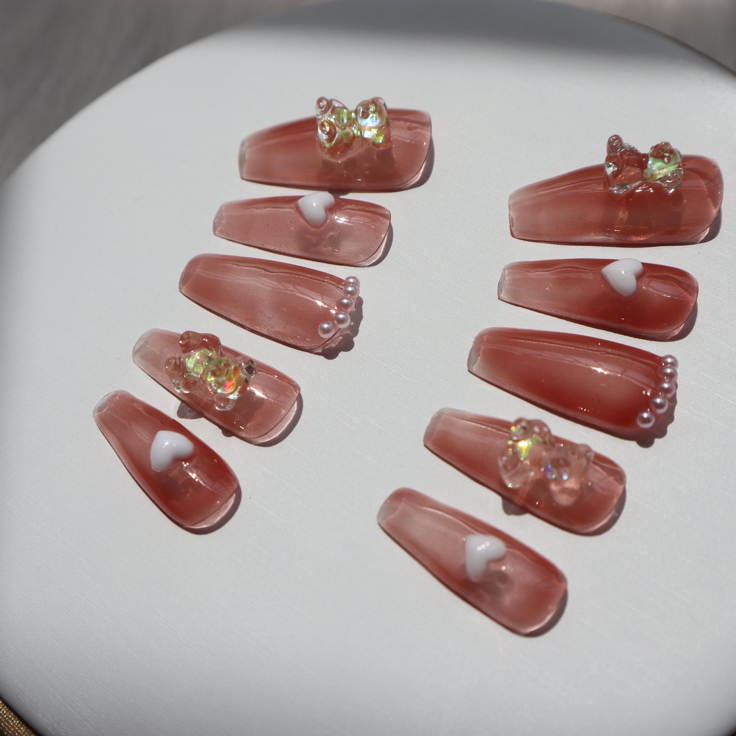 Designer: XinXin 35.Gummy bear pink heart handmade nails Press on Nails DIY Nail Art