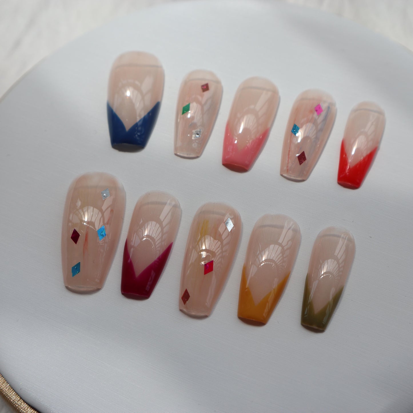 Designer: XinXin 47.Colourful painting long T handmade nails Press on Nails DIY Nail