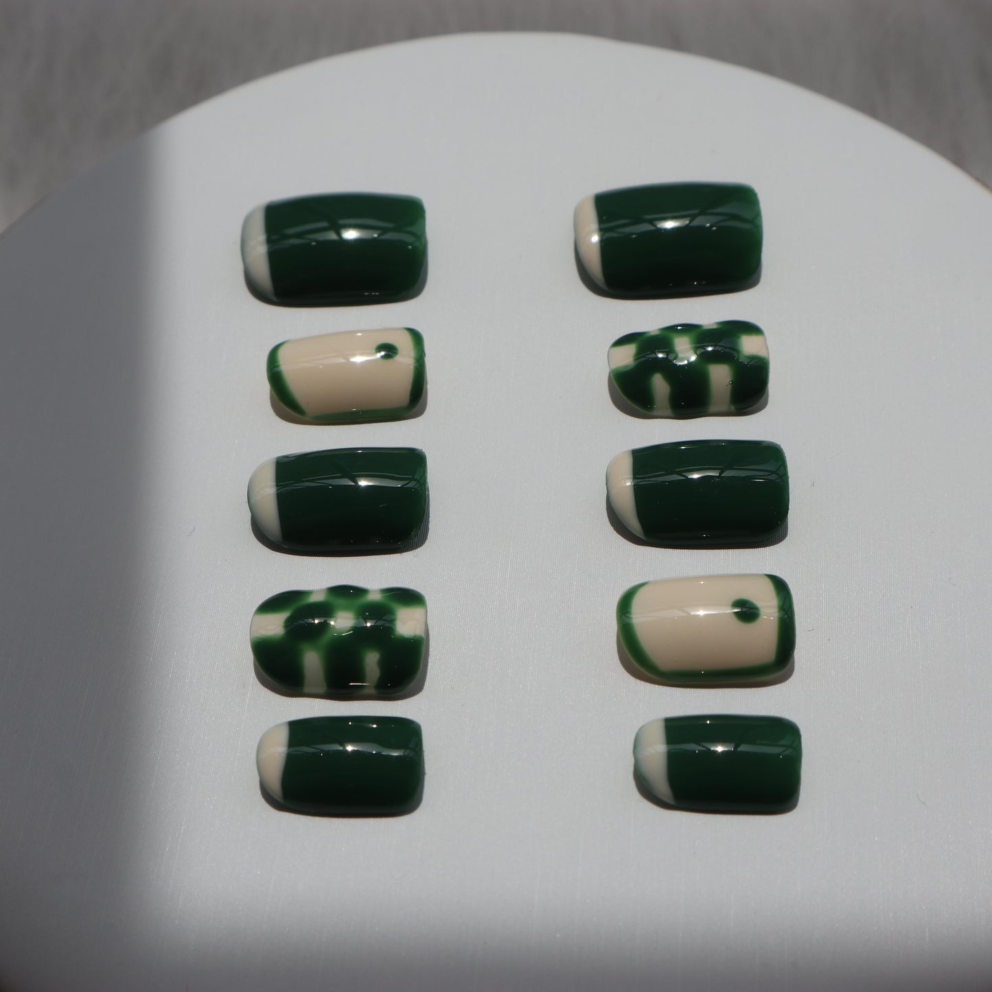 Designer: XinXin 6. Green white checkered short square handmade nails