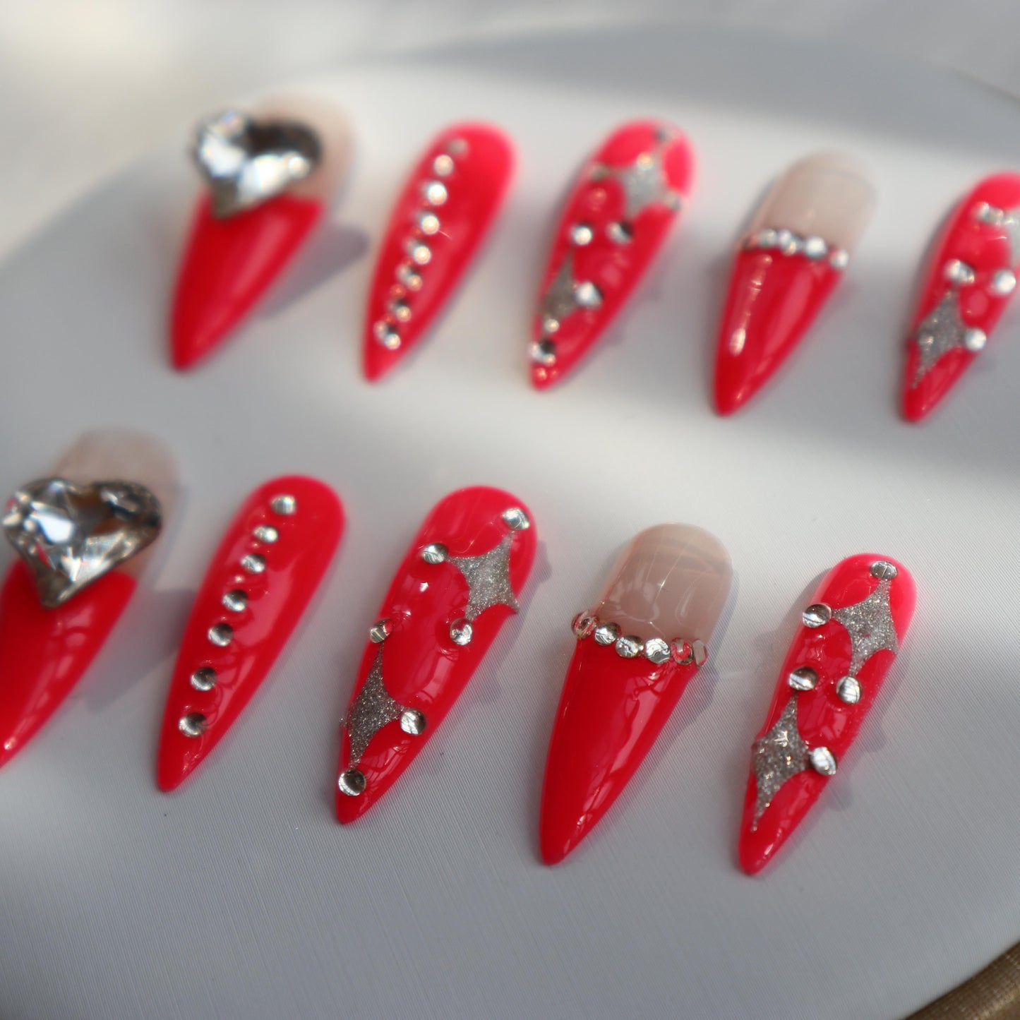 Designer: XinXin 67.Red rhinestones heart almond handmade nails Press on Nails DIY Nail