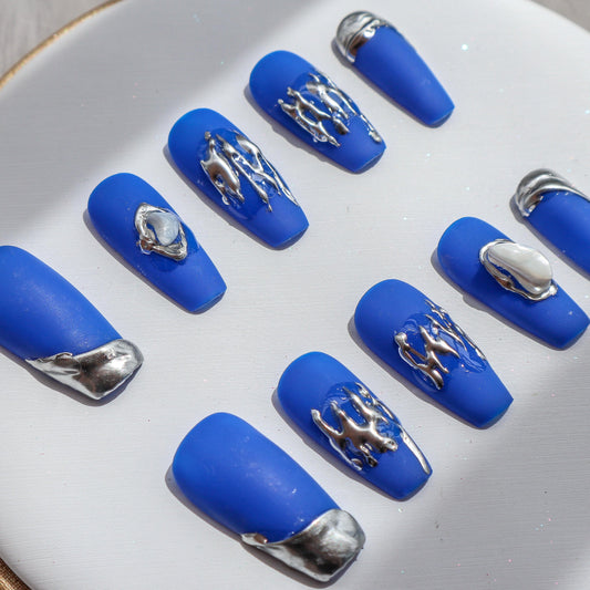 Designer: XinXin 17. Klein blue matt stone Long T  handmade nails Press on Nails DIY Nail Art