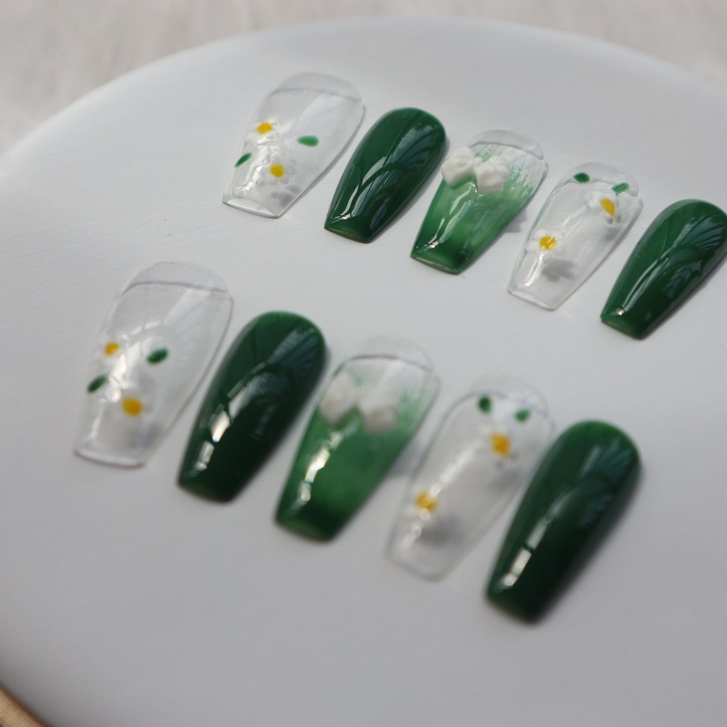 Designer: XinXin 8. Green clear flowers bow tie long T handmade nails