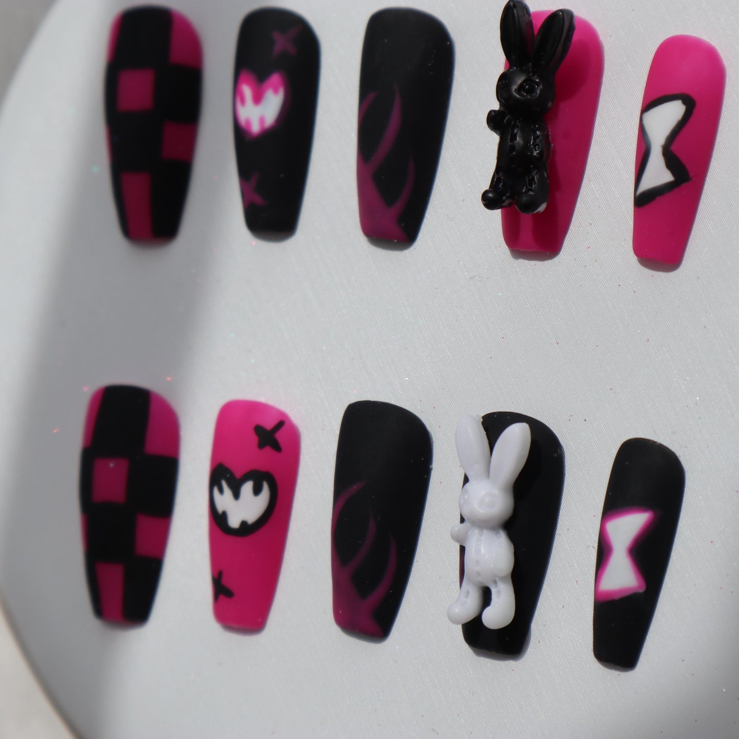 Designer: XinXin 27.Black pink hallowen style bunny handmade nails Press on Nails DIY Nail Art