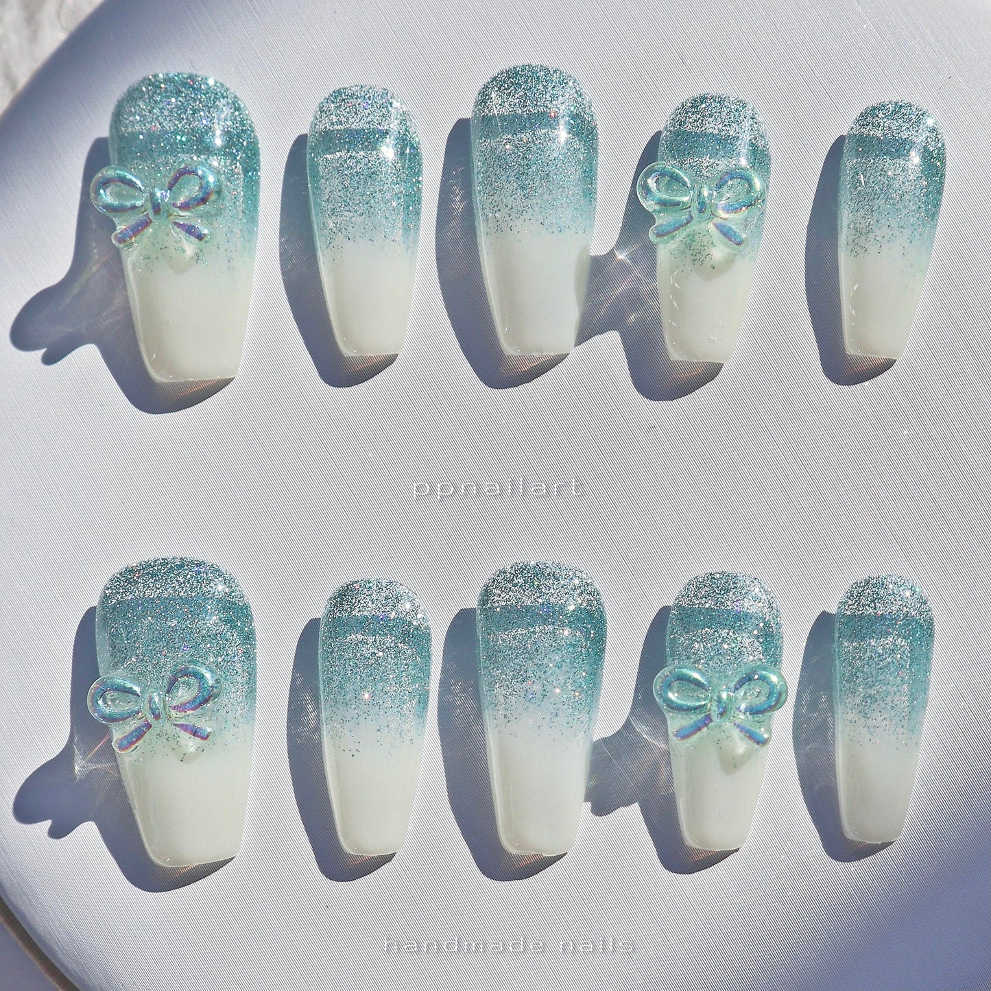 Designer: XinXin 63.Gradient green long T handmade nails Press on Nails DIY Nail