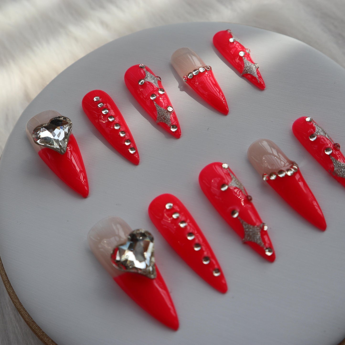 Designer: XinXin 67.Red rhinestones heart almond handmade nails Press on Nails DIY Nail