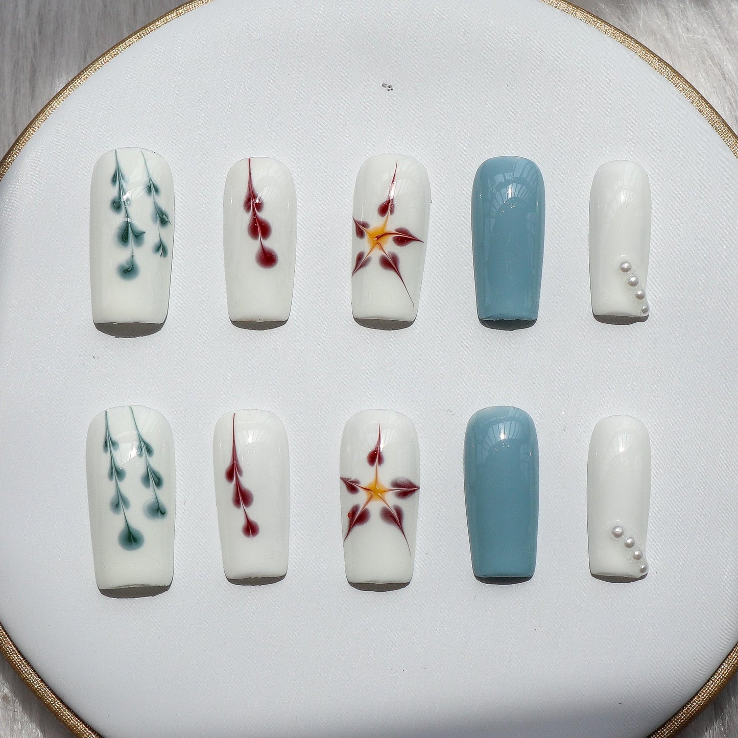 Designer: XinXin 19. Paiting blue White handmade nails Press on Nails DIY Nail Art