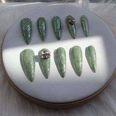 Designer: XinXin 76.Green rhinestone Shining handmade nails Press on Nails DIY Nail