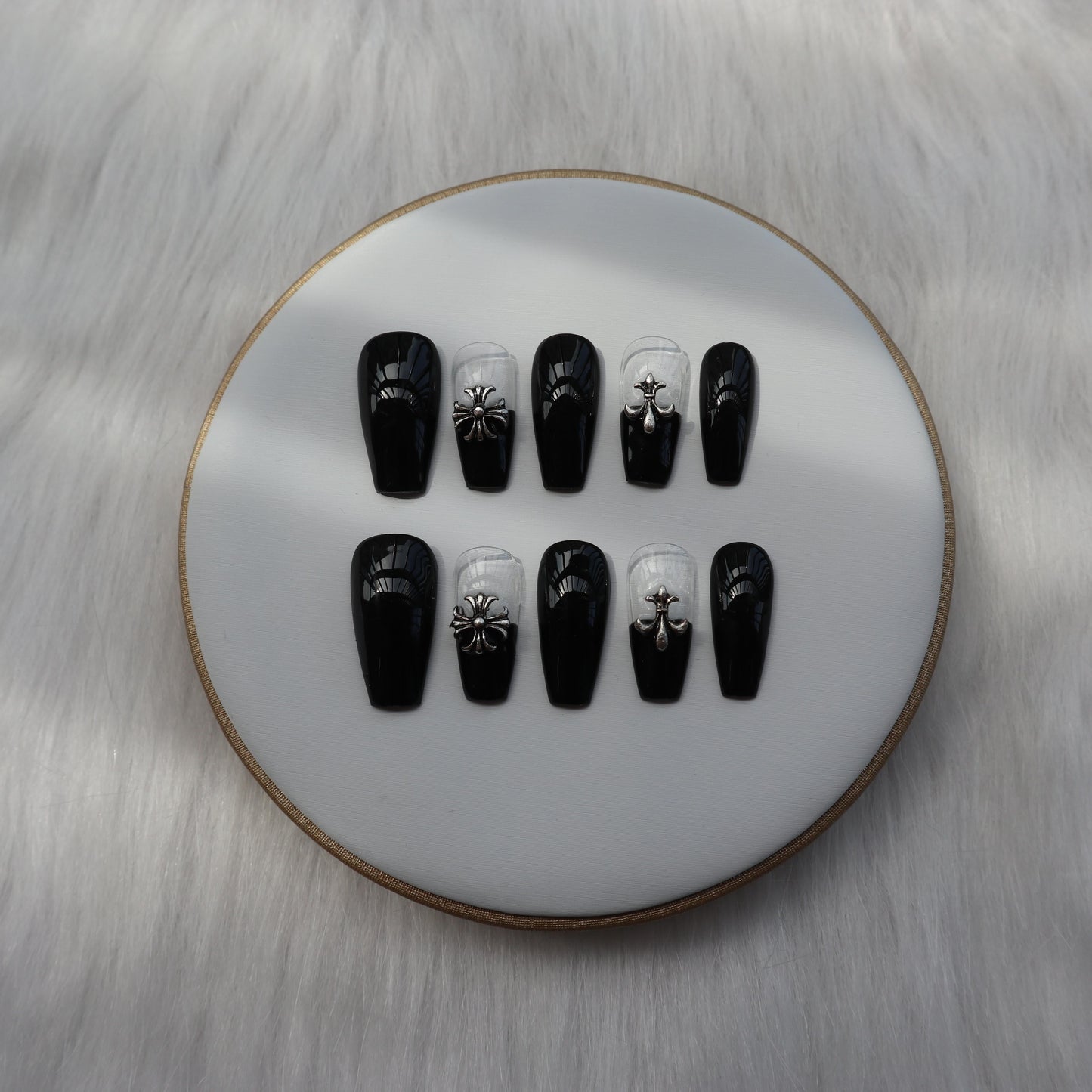 Designer: XinXin 26. Goth Black transparentChrome cross handmade nails Press on Nails DIY Nail Art