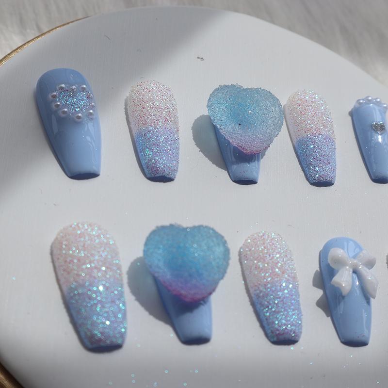 Designer: XinXin 41.Blue frosted heart bow-knot handmade nails Press on Nails DIY Nail Art