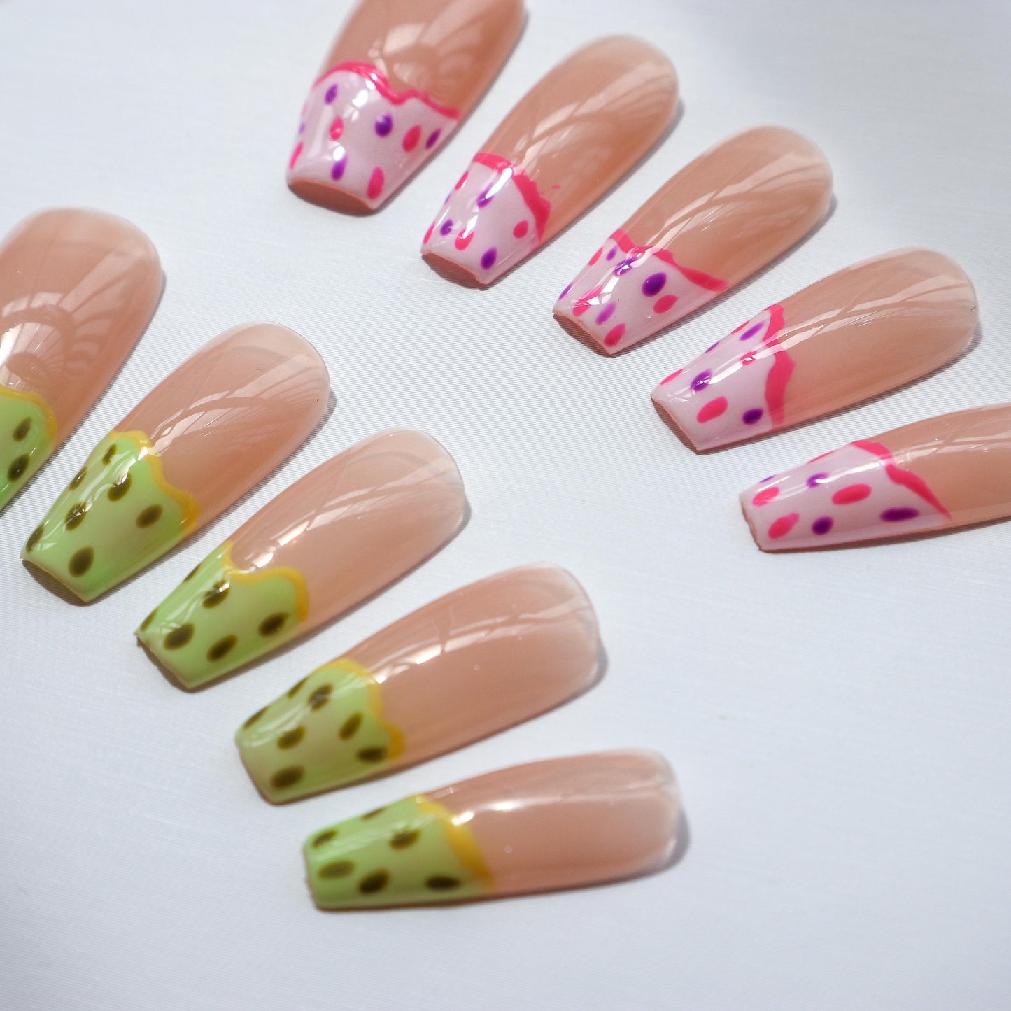 Designer: XinXin 46.Painting pink pitaya long T handmade nails Press on Nails DIY Nail