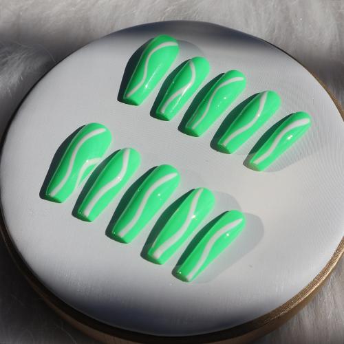 Designer: XinXin 84.Fluorescent green matt long T handmade nails Press on Nails DIY Nail