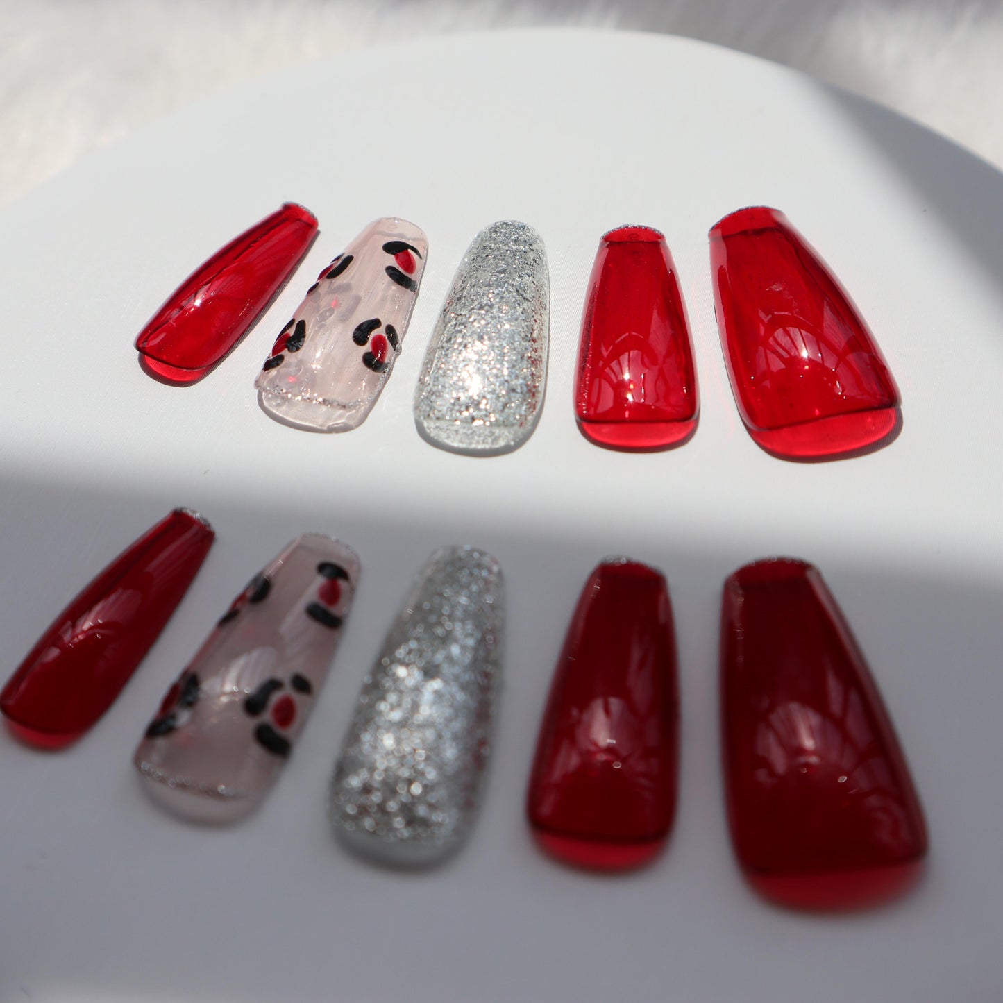 Designer: XinXin 1. Red flower Handmade transparent long T handmade nails Press on Nails DIY Nail Art Long Coffin