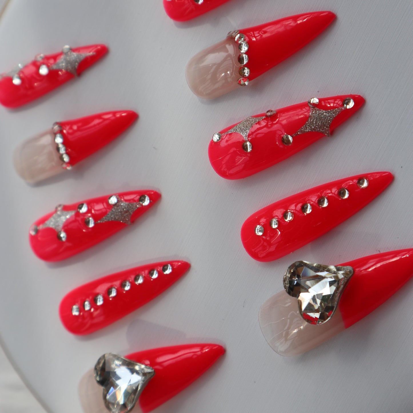 Designer: XinXin 67.Red rhinestones heart almond handmade nails Press on Nails DIY Nail