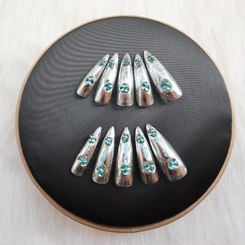 Designer: XinXin 68.Silver rhinestones almond handmade nails Press on Nails DIY Nail