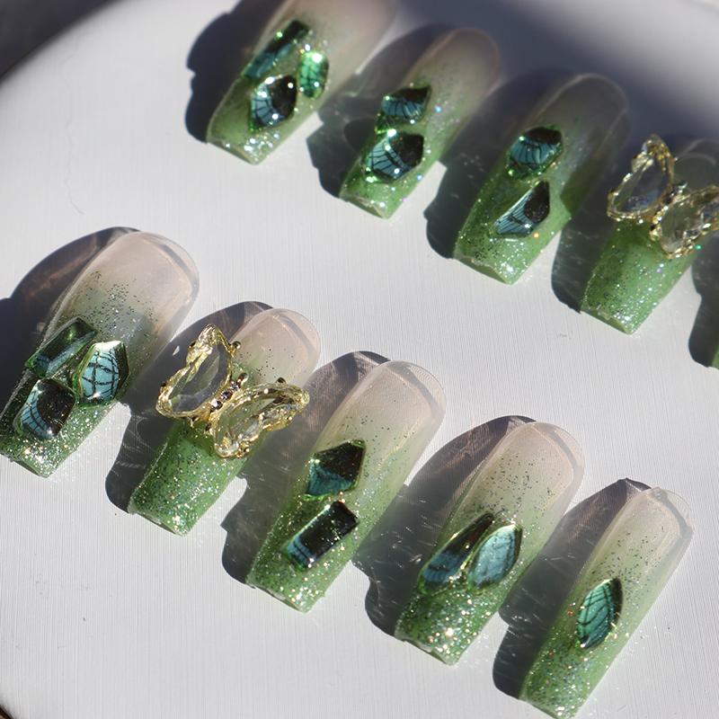 Designer: XinXin 72.Green Shining long T handmade nails Press on Nails DIY Nail