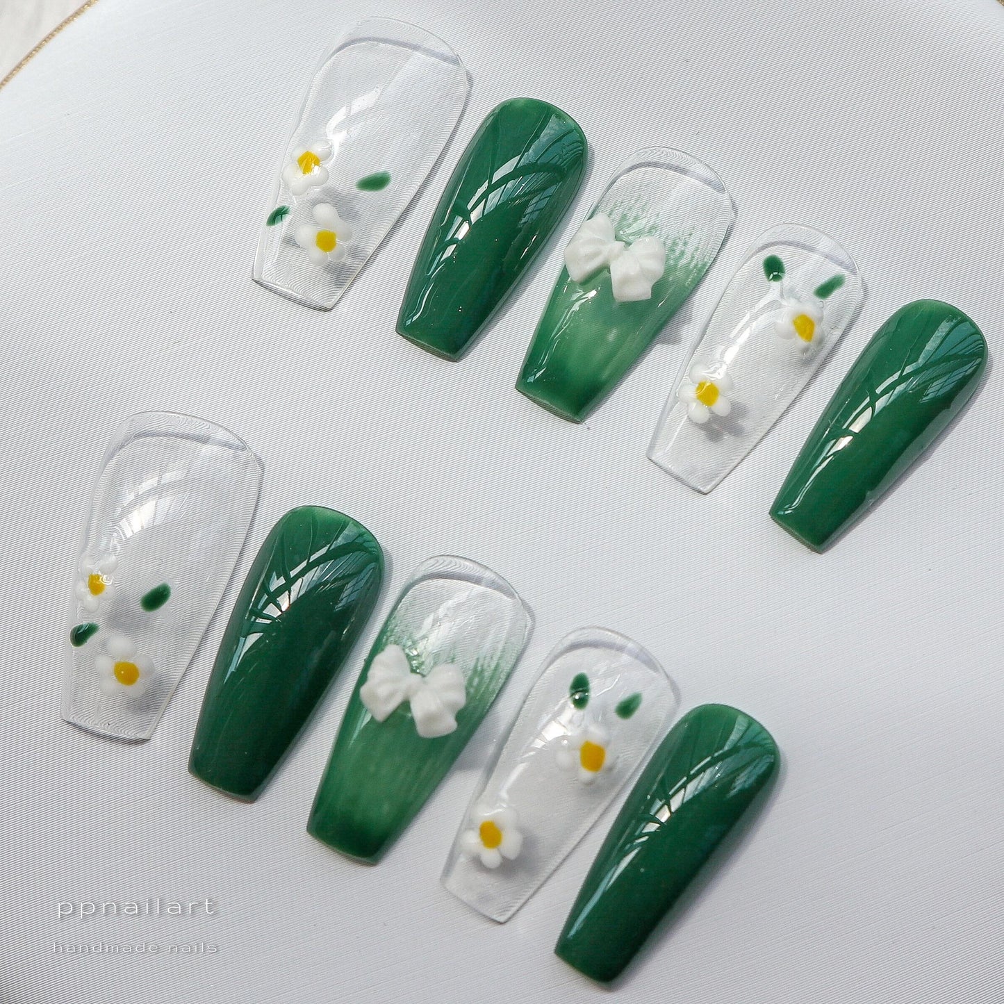 Designer: XinXin 8. Green clear flowers bow tie long T handmade nails