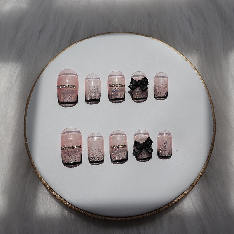 Designer: XinXin 37.Pink rhinestones black bow-knot short  handmade nails Press on Nails DIY Nail Art