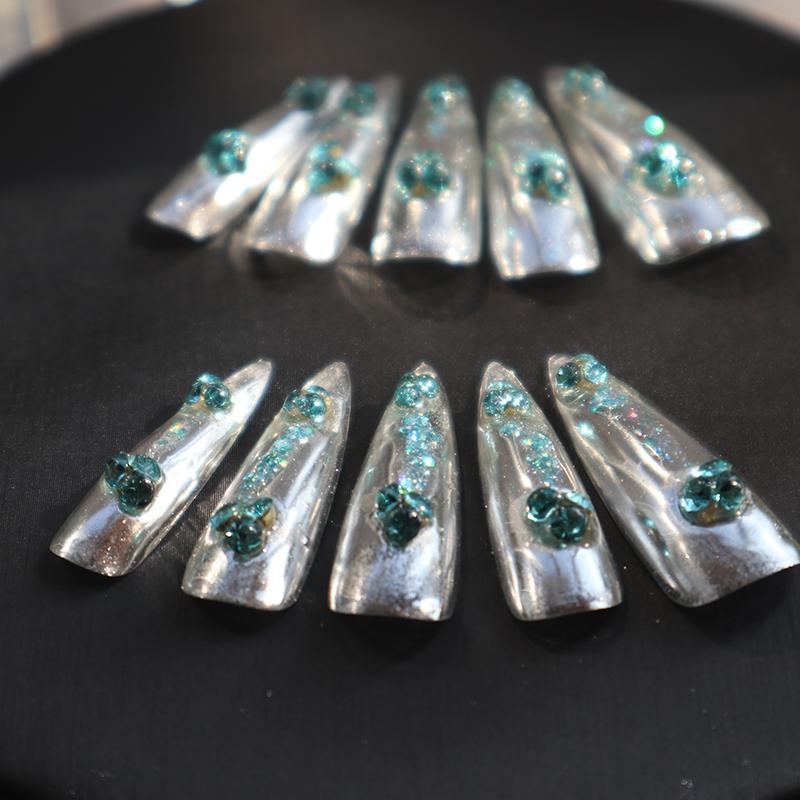 Designer: XinXin 68.Silver rhinestones almond handmade nails Press on Nails DIY Nail