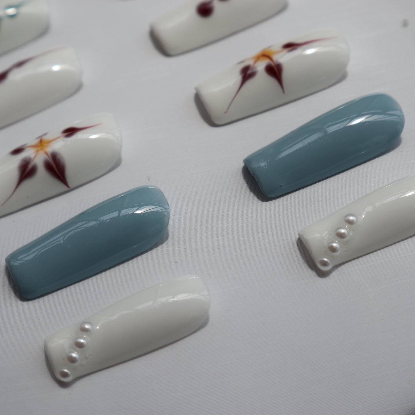 Designer: XinXin 19. Paiting blue White handmade nails Press on Nails DIY Nail Art