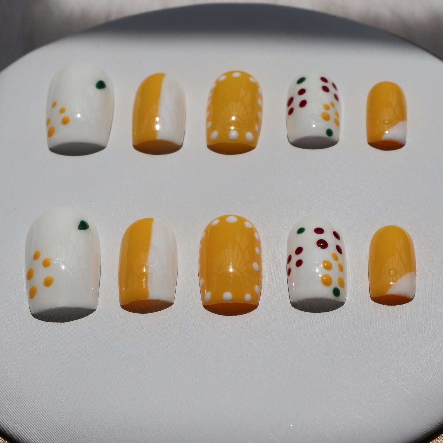 Designer: XinXin 12. Yellow white spot handmade nails Press on Nails DIY Nail Art