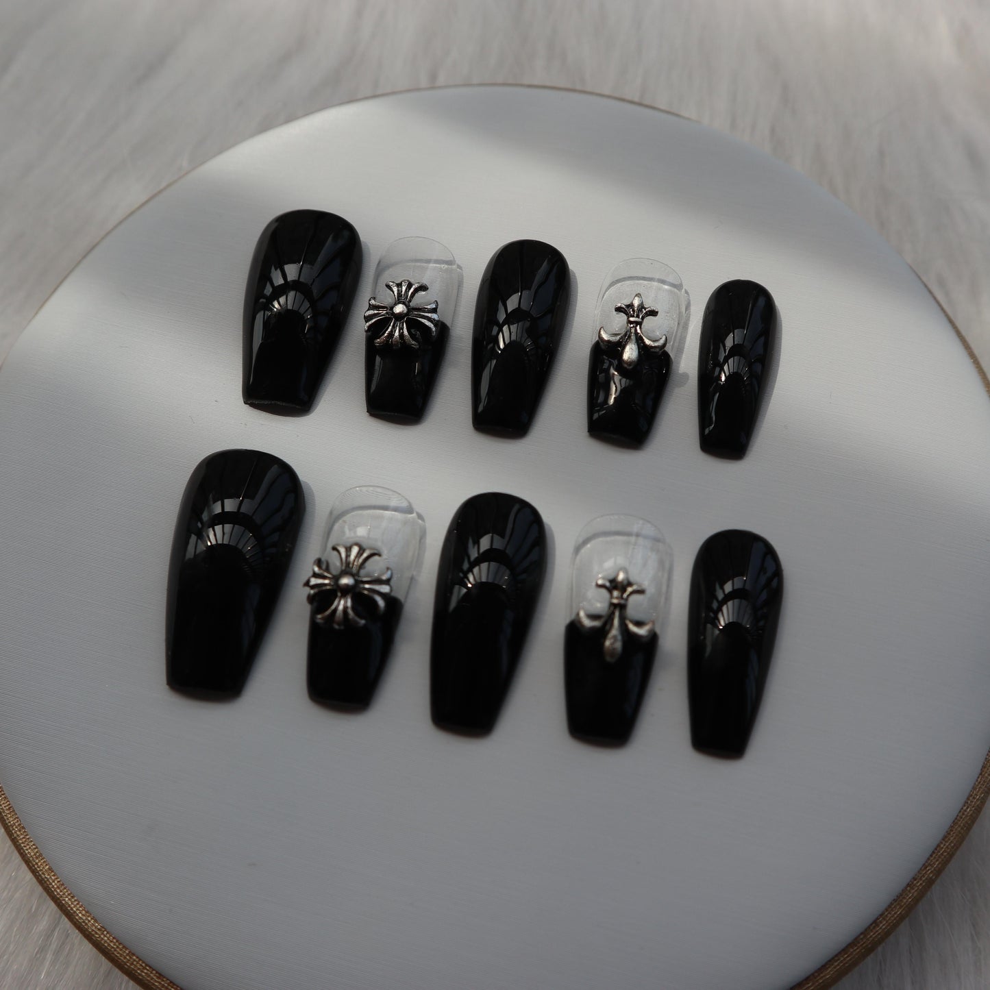 Designer: XinXin 26. Goth Black transparentChrome cross handmade nails Press on Nails DIY Nail Art