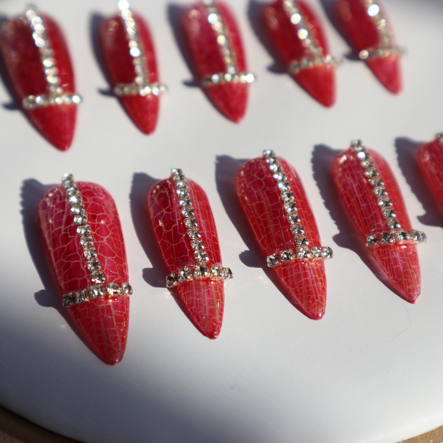 Designer: XinXin 66.Red rhinestones almond handmade nails Press on Nails DIY Nail