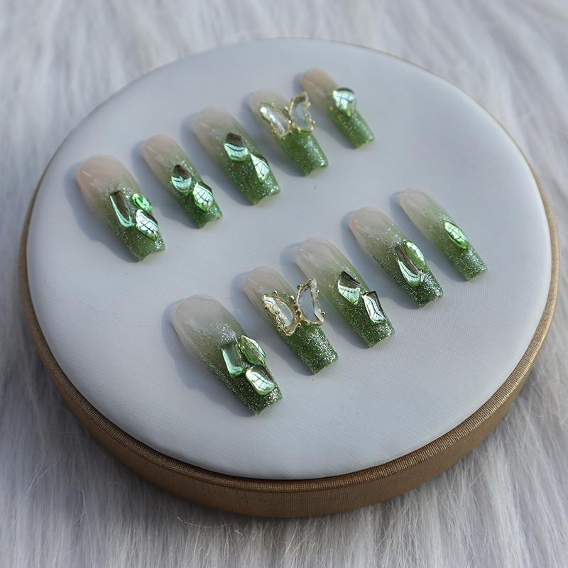 Designer: XinXin 72.Green Shining long T handmade nails Press on Nails DIY Nail