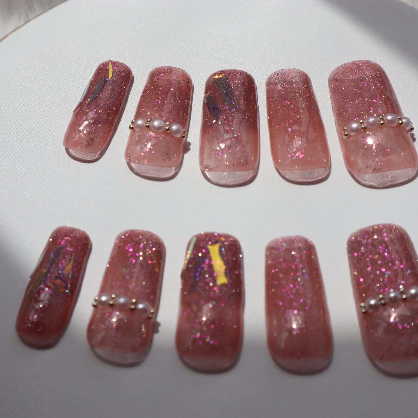 Designer: XinXin 34.Pink Shining long square handmade nails Press on Nails DIY Nail Art