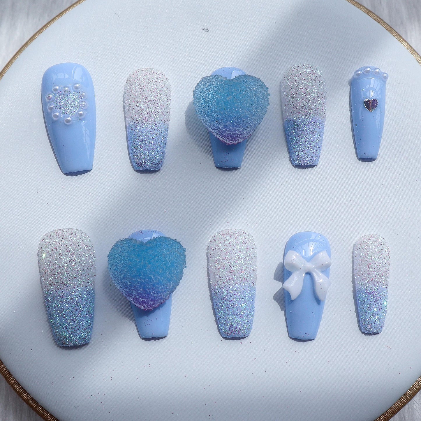 Designer: XinXin 41.Blue frosted heart bow-knot handmade nails Press on Nails DIY Nail Art