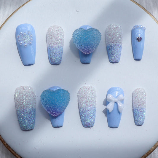 Designer: XinXin 41.Blue frosted heart bow-knot handmade nails Press on Nails DIY Nail Art