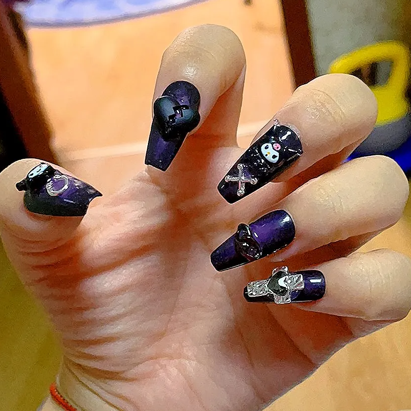 Designer: PinPin 1411.Handmade nails Press on Nails DIY Nail Art for woman girl Long Coffin purple black Metal Cartoon