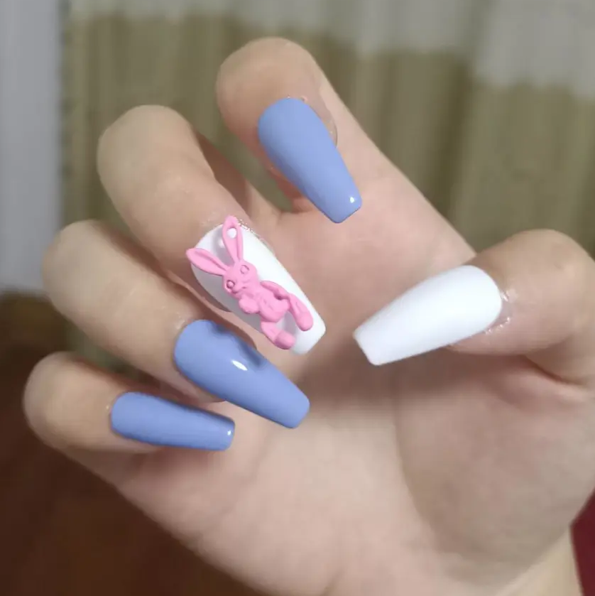 Designer: DuoDuo 1620.Handmade nails Press on Nails DIY Nail Art for woman girl Long Coffin blue