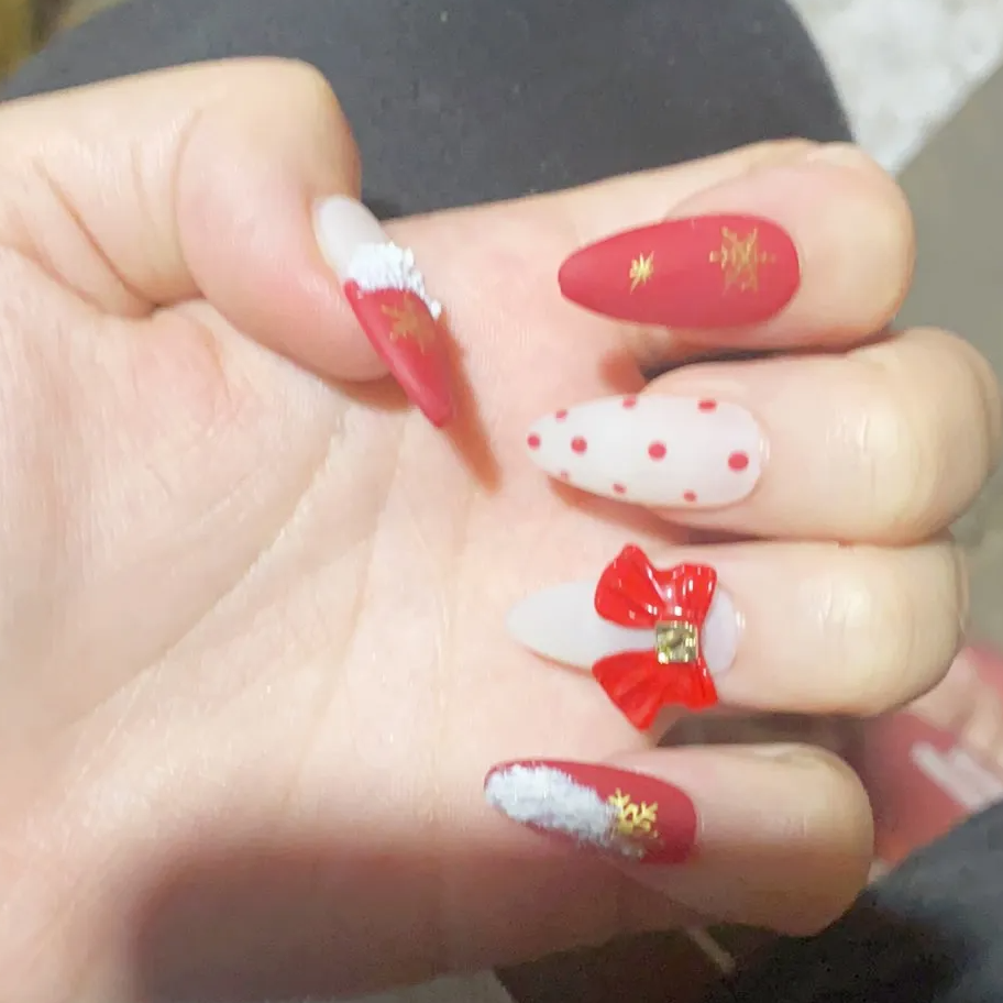 Designer: PinPin 1613.Handmade nails Press on Nails DIY Nail Art for woman girl Almond red white  Christmas