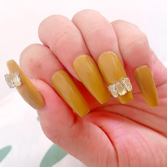 Designer: DuoDuo 1617.Handmade nails Press on Nails DIY Nail Art for woman girl yellow Coffin Long Rhinestone