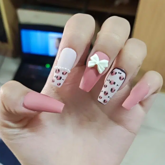 Designer: DuoDuo 1606.Handmade nails Press on Nails DIY Nail Art for woman girl Long Coffin pink Cartoon