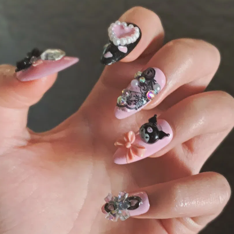 Designer: DuoDuo 1400.Handmade nails Press on Nails DIY Nail Art for woman girl Long Almond Cartoon pink