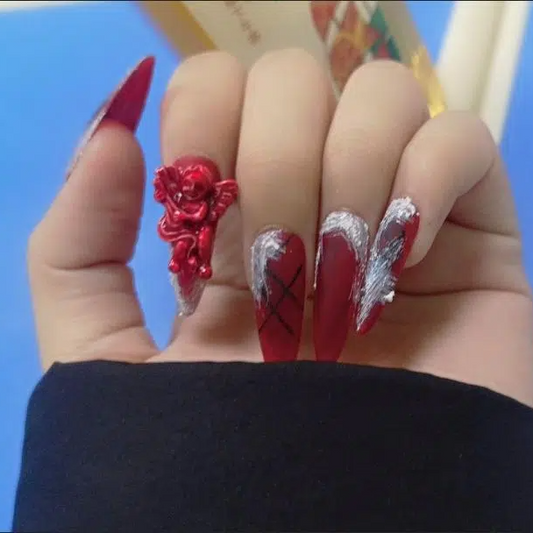 Designer: DuoDuo 1619.Handmade nails Press on Nails DIY Nail Art for woman girl Almond red Long