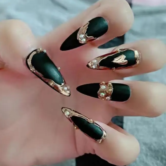 Designer: DuoDuo 1501.Handmade nails Press on Nails DIY Nail Art for woman girl dark green Almond Long rhinestone