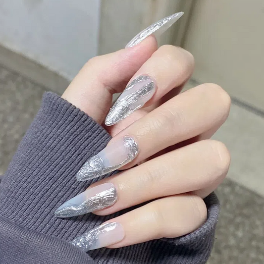 Designer: DuoDuo 1500.Handmade nails Press on Nails DIY Nail Art for woman girl Long Almond silver