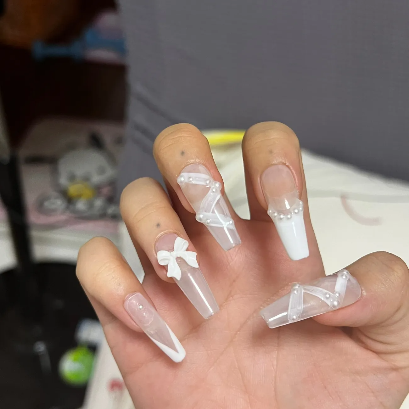 Designer: DuoDuo 3005.Handmade nails Press on Nails DIY Nail Art for woman girl French Long Coffin white wedding