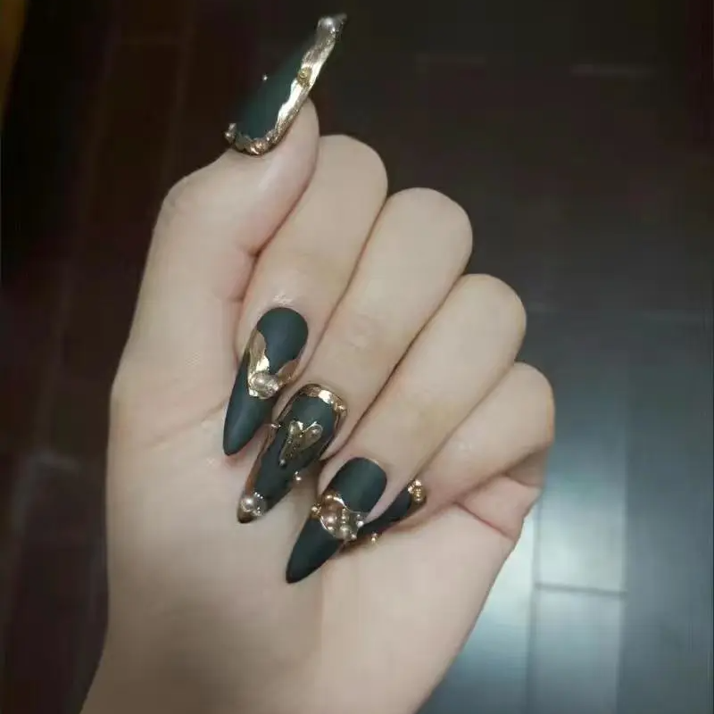 Designer: DuoDuo 1501.Handmade nails Press on Nails DIY Nail Art for woman girl dark green Almond Long rhinestone