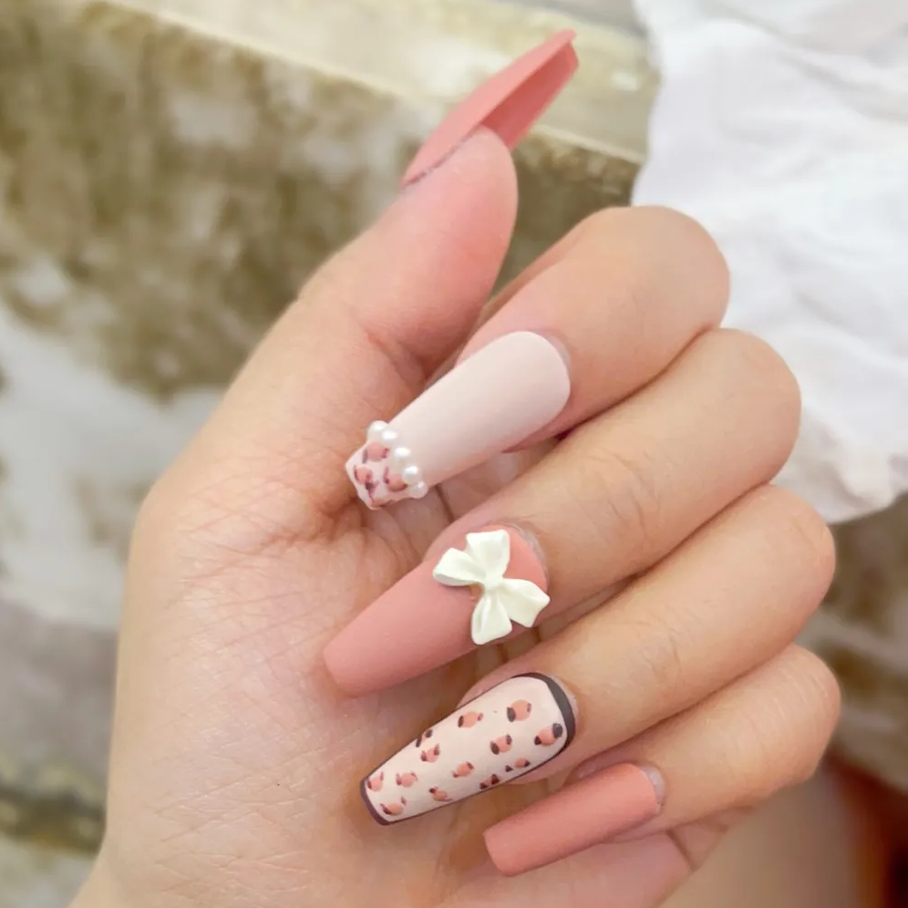 Designer: DuoDuo 1606.Handmade nails Press on Nails DIY Nail Art for woman girl Long Coffin pink Cartoon