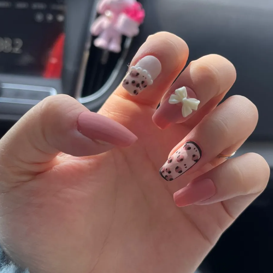 Designer: DuoDuo 1606.Handmade nails Press on Nails DIY Nail Art for woman girl Long Coffin pink Cartoon